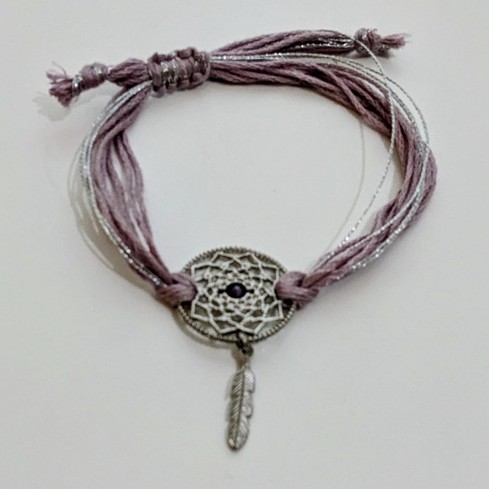 Dreamcatcher & Leaf Boho Adjustable Bracelet - Silver & Lilac Threads